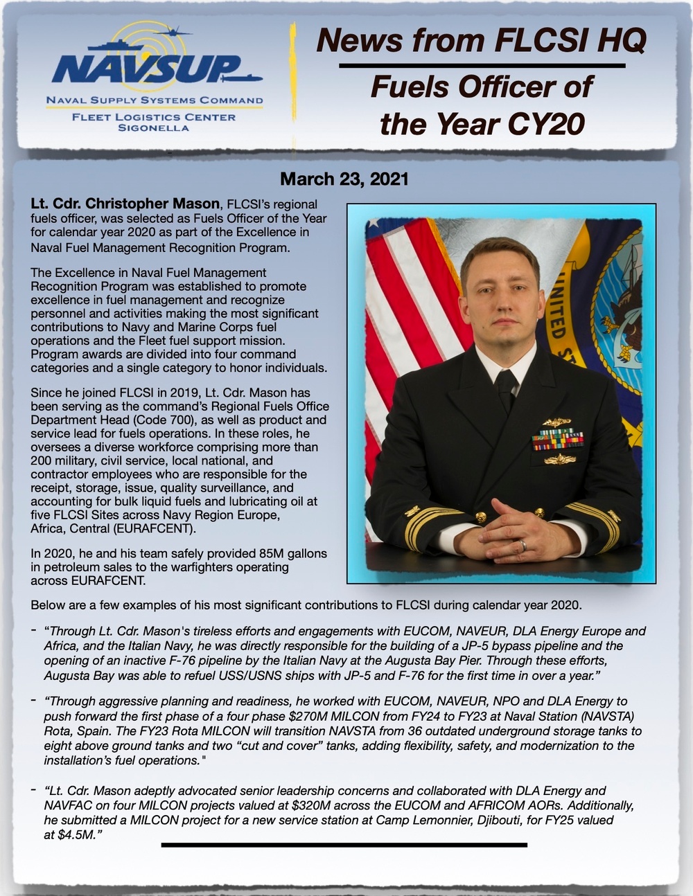 NAVSUP fuels officer in Italy earns top fuels award