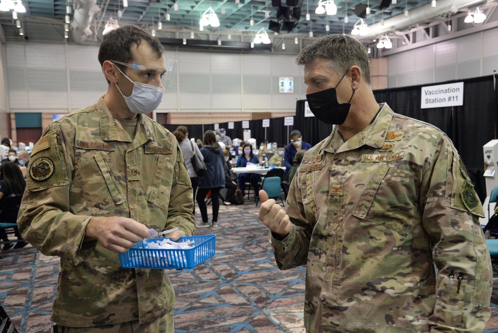 177th Fighter Wing Commander and Command Chief visit NJ Airmen supporting the COVID-19 Atlantic County Vaccination Mega-Site in Atlantic City, N.J.