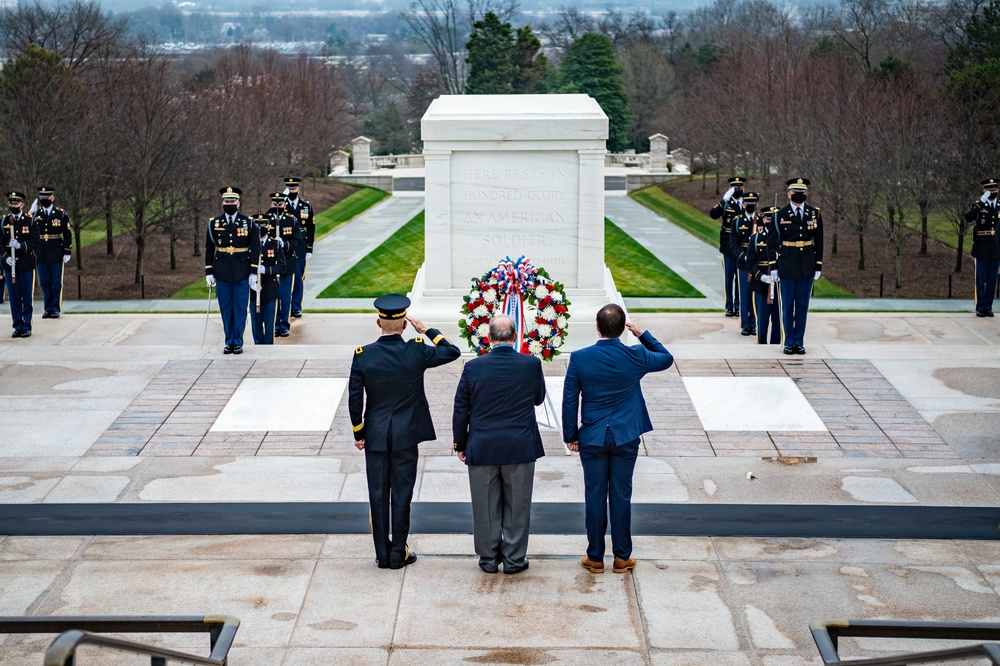 In honor of Medal of Honor Day, Medal of Honor Recipients U.S. Navy Master Chief Special Warfare Operator Edward Byers, Jr. and U.S. Army 1st Lt. Brain Thacker participate in an Army Full Honors Wreath-Laying Ceremony at the Tomb of the Unknown Soldier