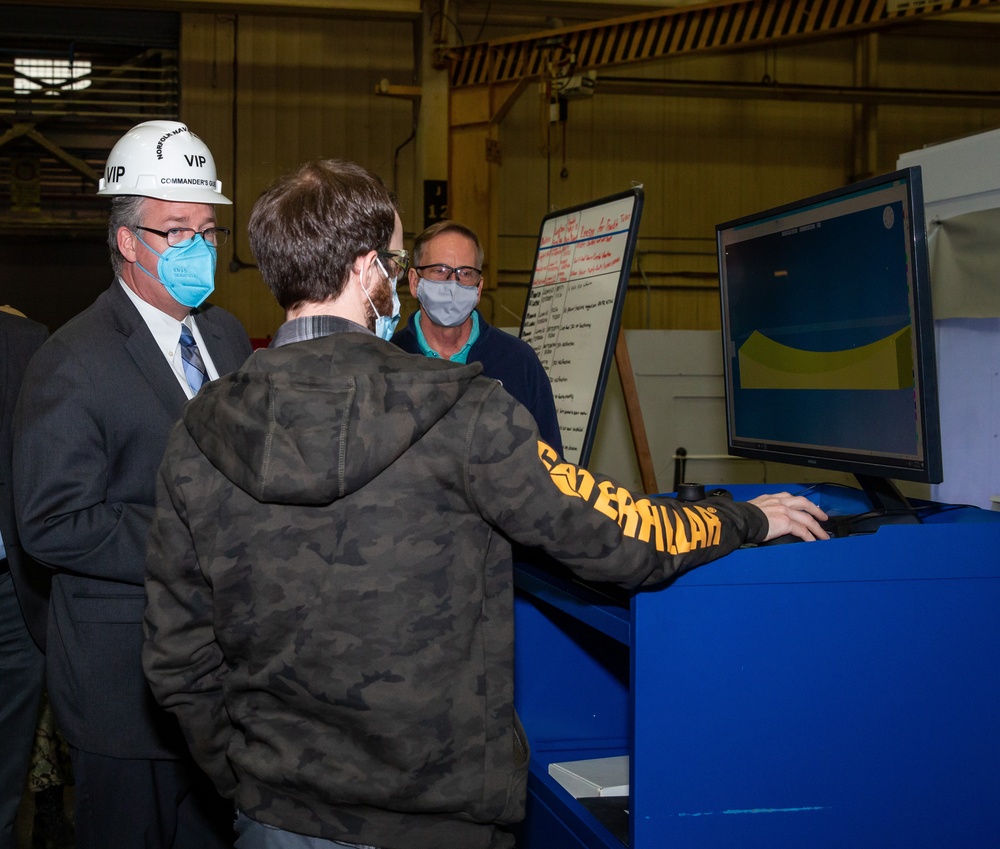 Acting Secretary of the Navy Thomas W. Harker visits the Production Machine Shop during his tour of Norfolk Naval Shipyard March 17