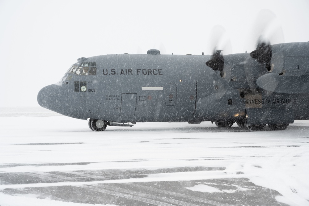 A Minnesota Air National Guard C-130 taxies for take off at Canadian Forces Base Goose Bay