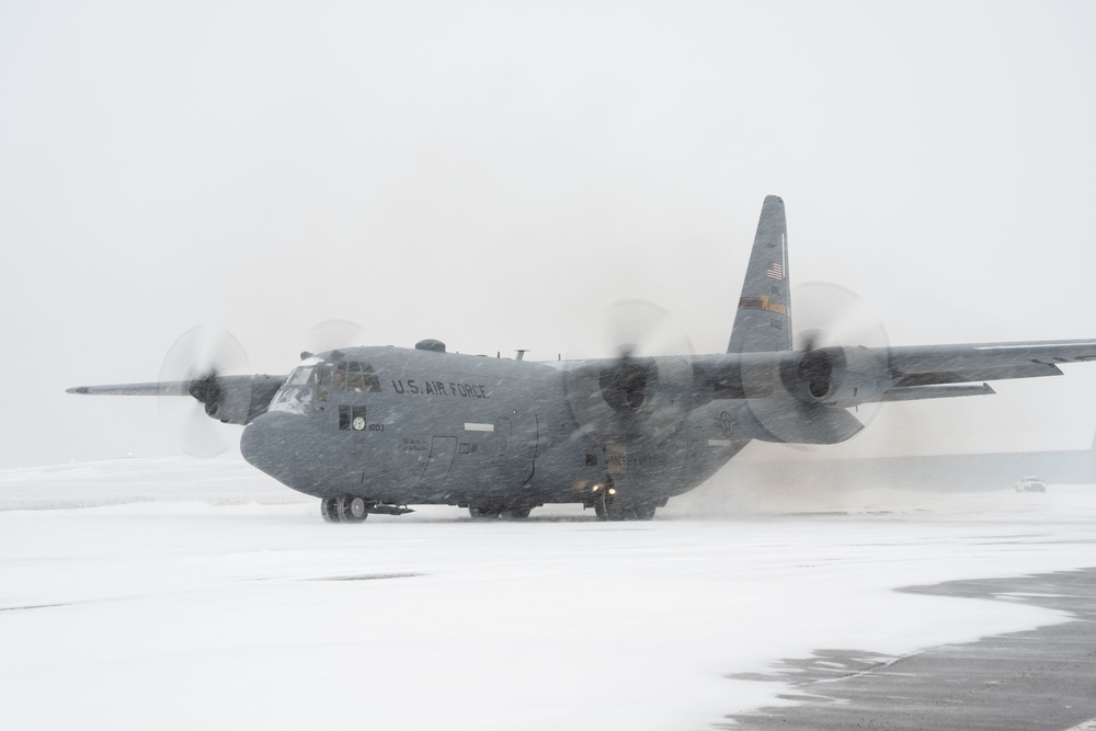 A Minnesota Air National Guard C-130 taxies for take off at Canadian Forces Base Goose Bay