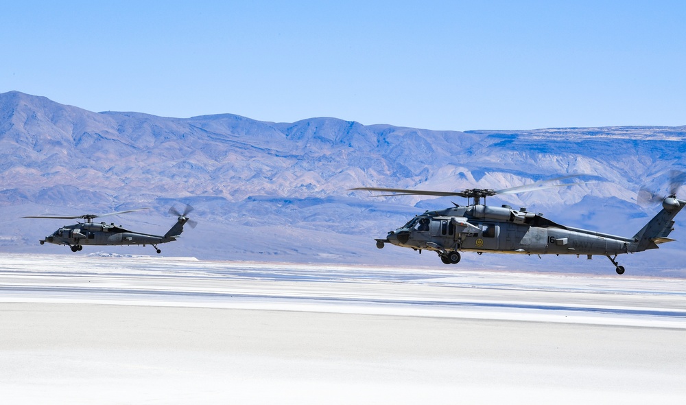 Two MH-60S Knighthawk Helicopters of HSC 4 Fly in Formation