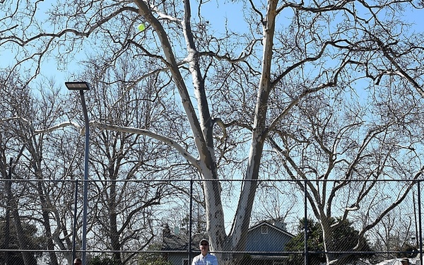 Cal Guard Soldiers receive a pickleball lesson from Red Bluff community members