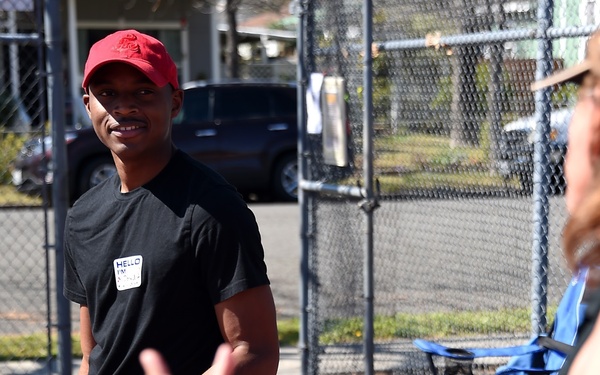 Cal Guard Soldiers receive a pickleball lesson from Red Bluff community members