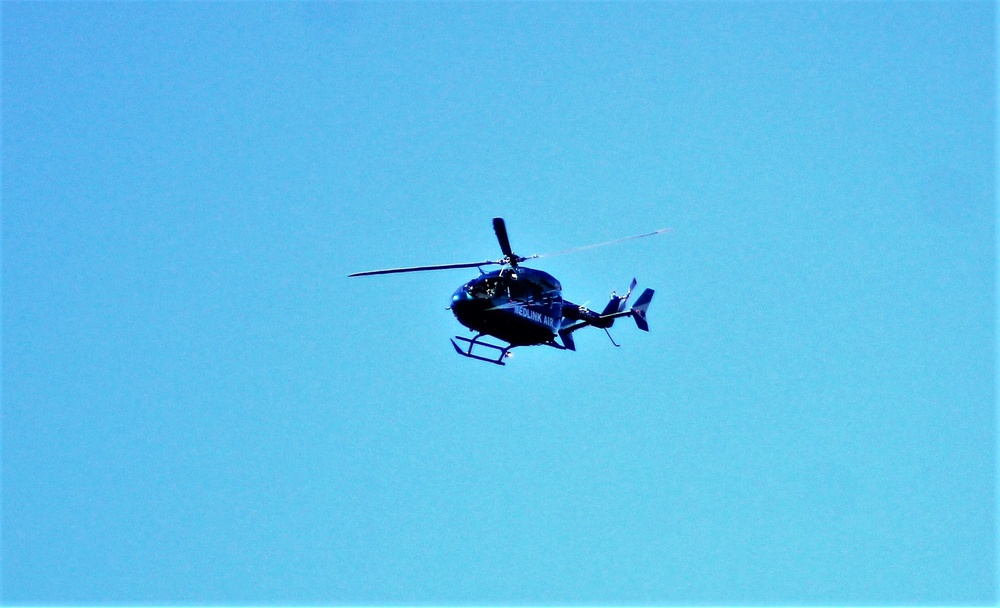 Civilian medical evacuation helicopter flies over Fort McCoy