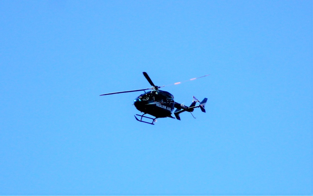 Civilian medical evacuation helicopter flies over Fort McCoy