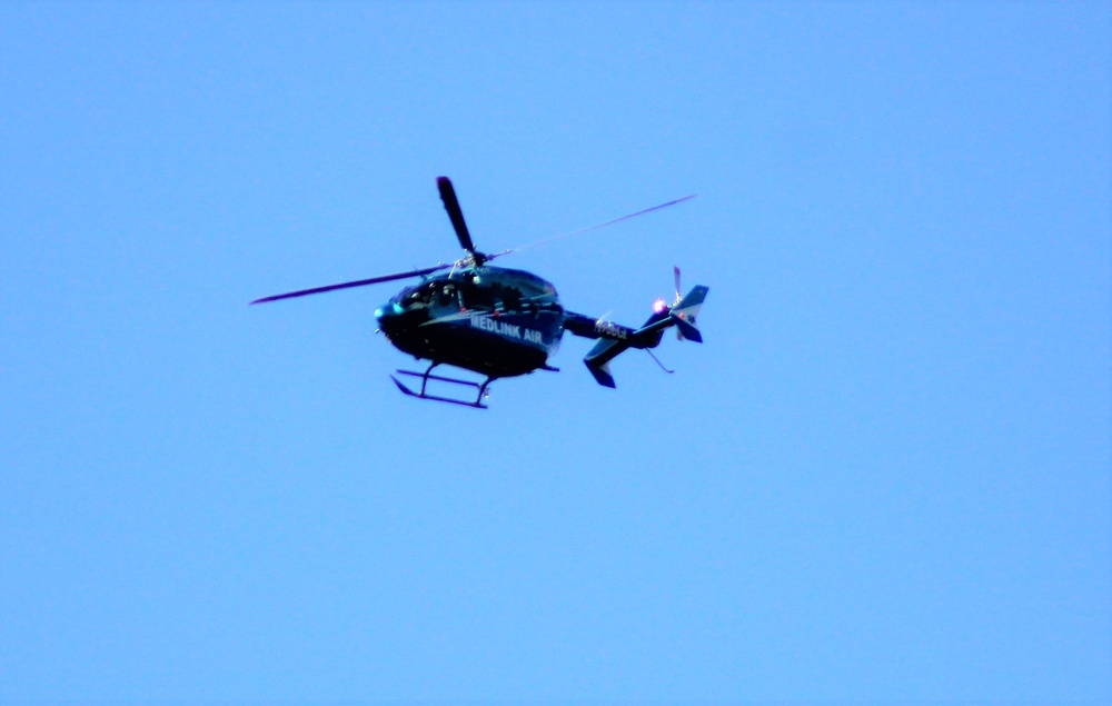Civilian medical evacuation helicopter flies over Fort McCoy