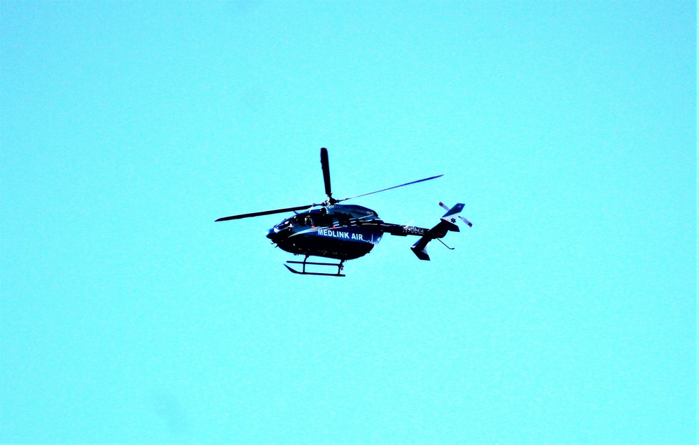 Civilian medical evacuation helicopter flies over Fort McCoy