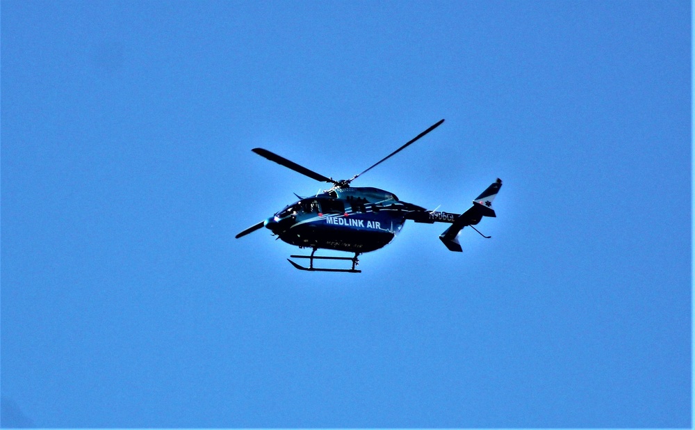 Civilian medical evacuation helicopter flies over Fort McCoy
