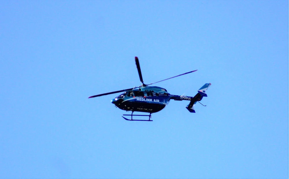 Civilian medical evacuation helicopter flies over Fort McCoy