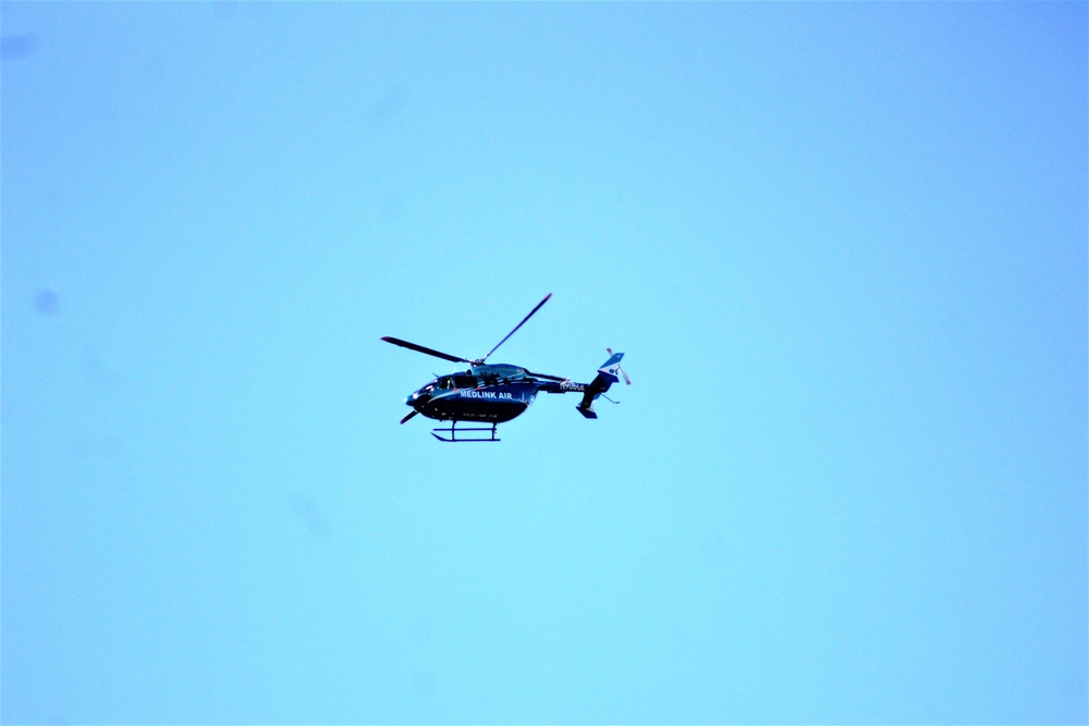 Civilian medical evacuation helicopter flies over Fort McCoy