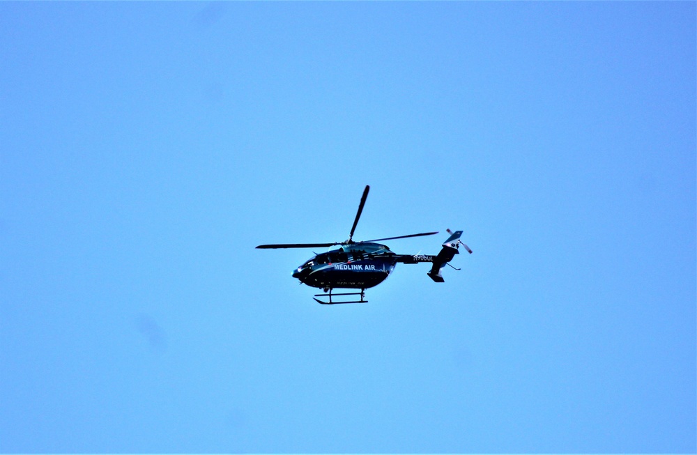 Civilian medical evacuation helicopter flies over Fort McCoy