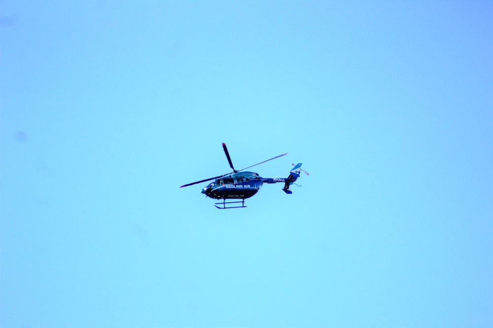Civilian medical evacuation helicopter flies over Fort McCoy