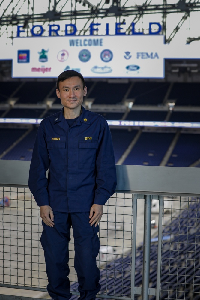 U.S. Public Health Service Cmdr. Stephen Chang talks about his role at the Ford Field CVC
