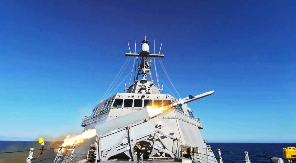 USS Gabrielle Giffords (LCS 10) launches a Naval Strike Missile