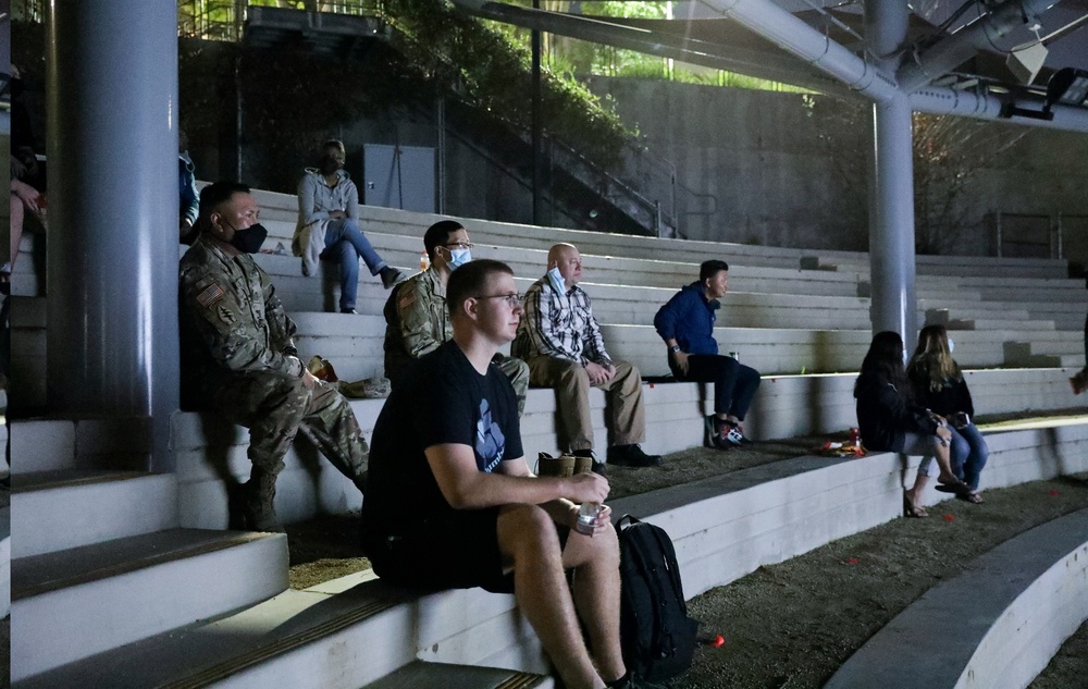 USO hosts movie night for Cal Guard and Active-duty troops at Cal State LA vaccine site
