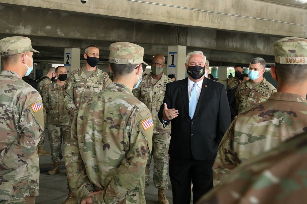 Civilian Aide to the Secretary of the Army visits Cal Guard troops at vaccine site at Cal State LA