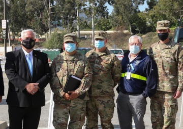 Civilian Aide to the Secretary of the Army visits Cal Guard troops at vaccine site at Cal State LA