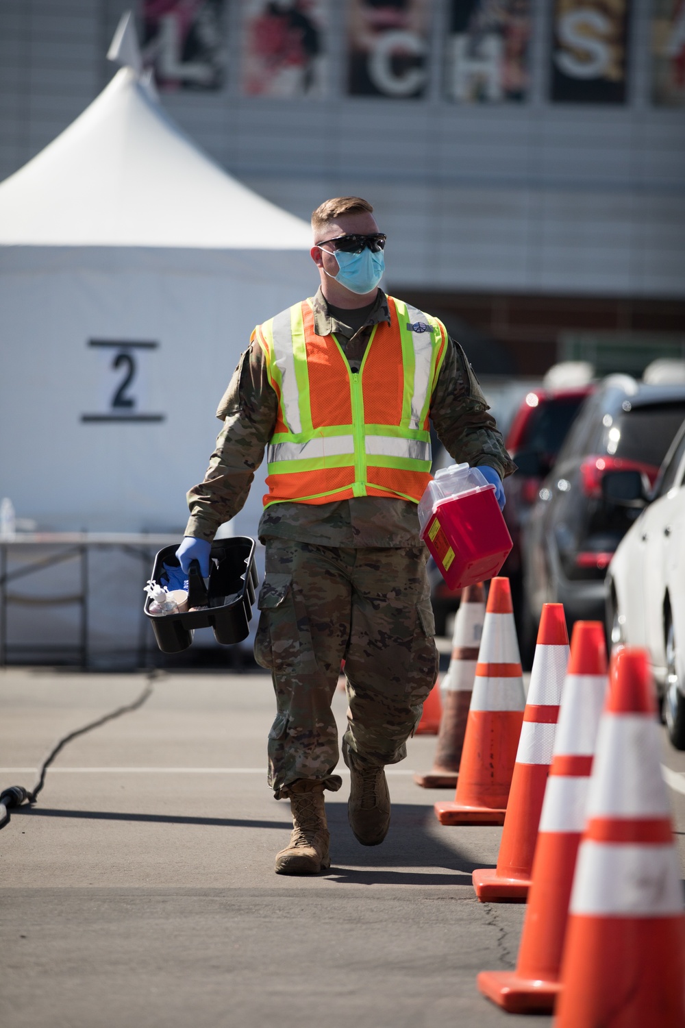 U.S. Army Soldiers manage drive-up operations at Cal State LA CVC