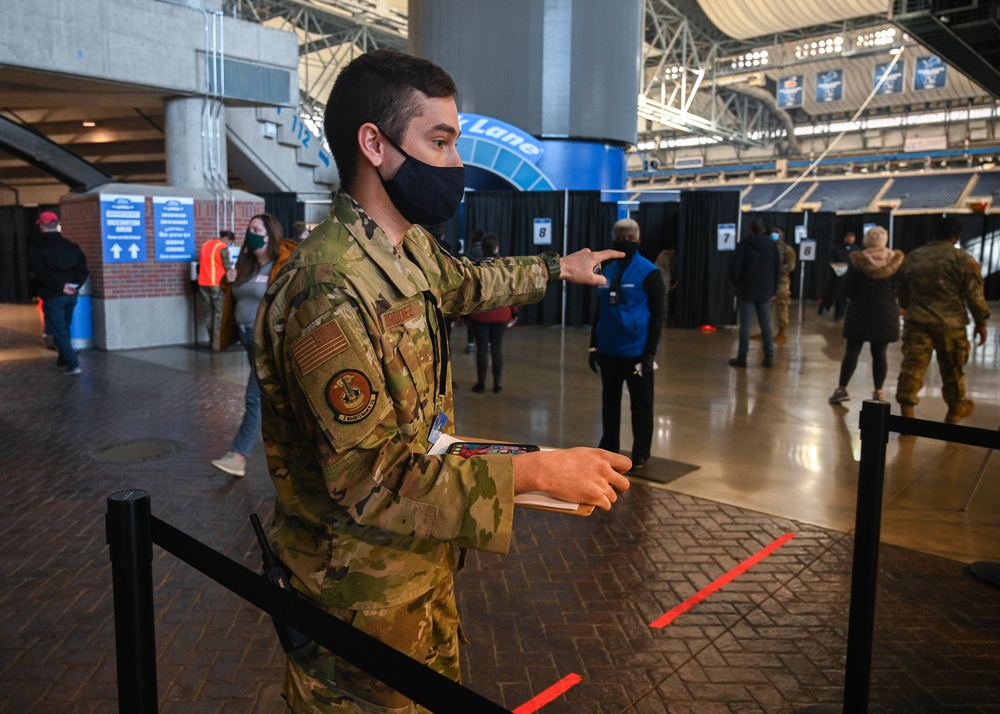 U.S. Air Force Airmen support Ford Field Community Vaccination Center in Detroit