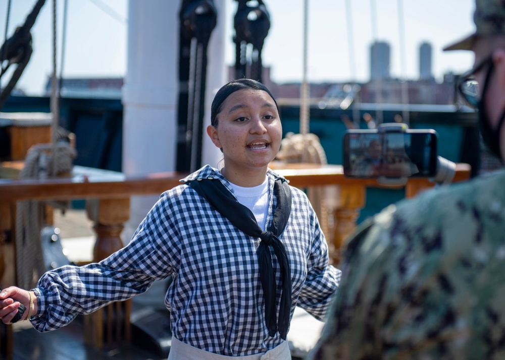 Aviation Structural Mechanic Seaman Jennifer Martinez gives a virtual tour and Easter egg hunt aboard USS Constitution