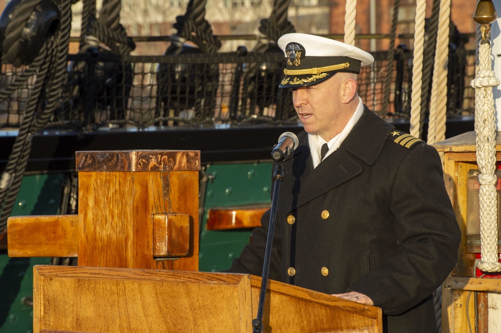 USS Constitution’s Commanding Officer Cmdr. John Benda speaks at an Easter Sunrise Service onboard the ship