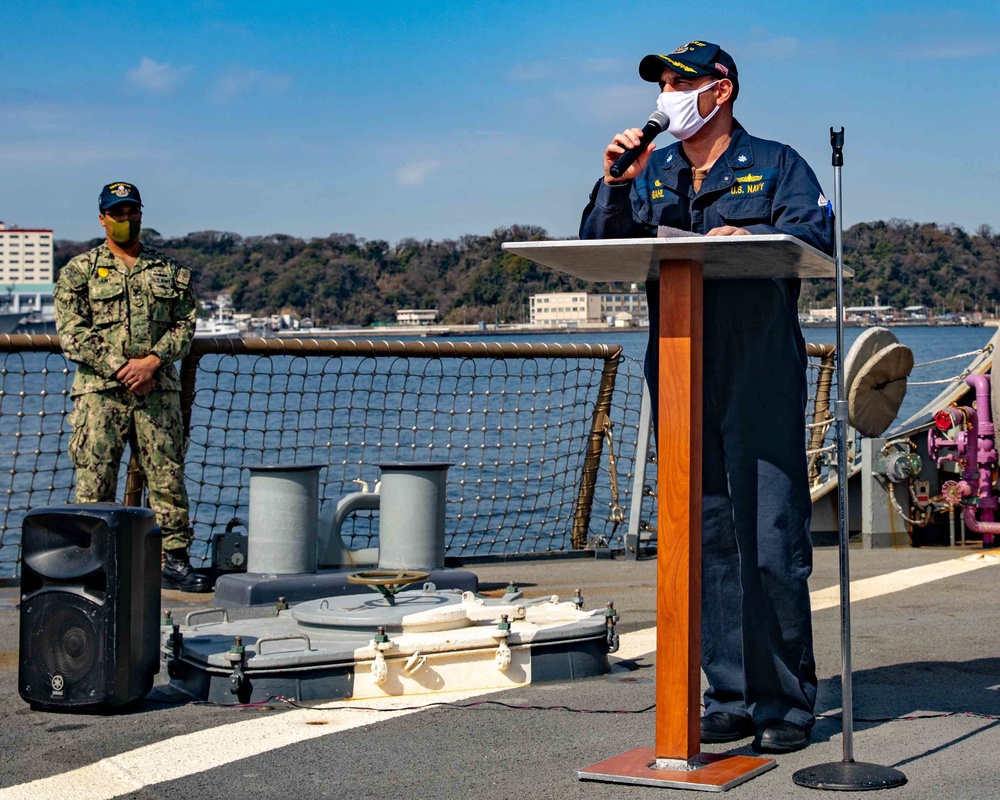 Cmdr. Chris Gahl, commanding officer of the USS Barry, speaks during an all-hands call