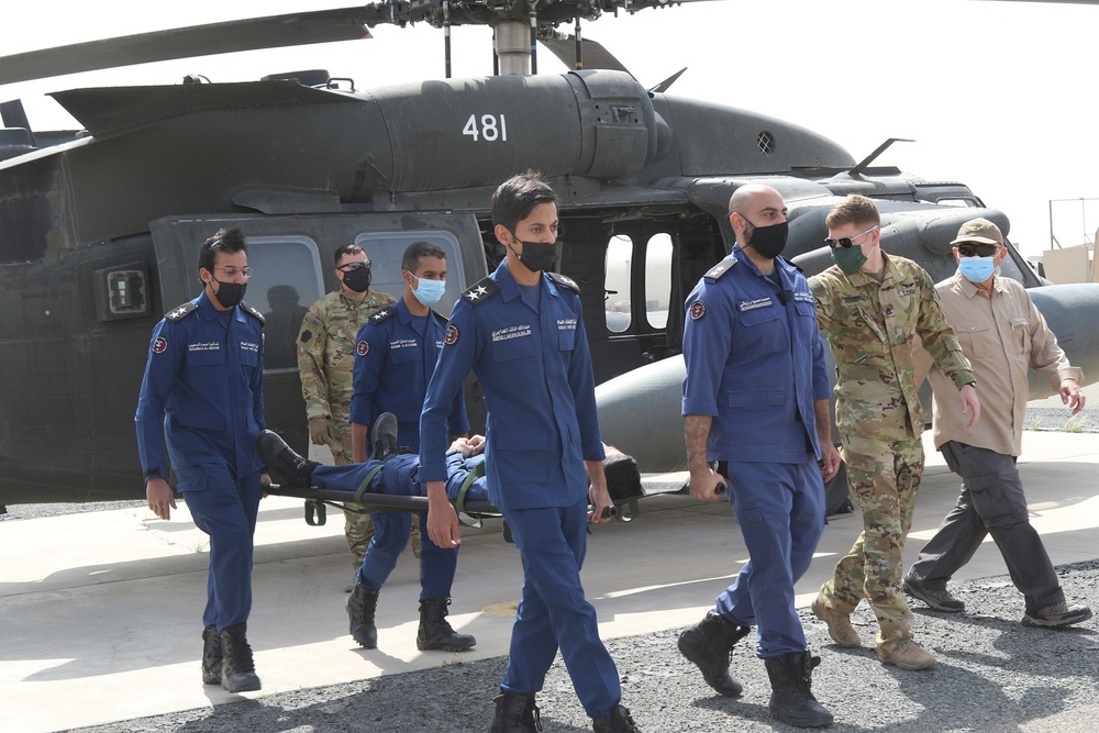 Engineers of Task Force Iron Castle HHC 16th Engineer Brigade, Aviators of 28th Expeditionary Combat Aviation Brigade (ECAB), and Soldiers from Kuwait Land Forces collaborated for a joint medical evacuation (MEDEVAC) training exercise.