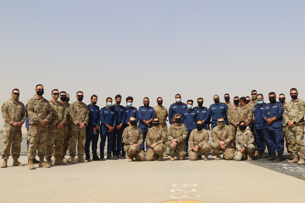 Engineers of Task Force Iron Castle HHC 16th Engineer Brigade, Aviators of 28th Expeditionary Combat Aviation Brigade (ECAB), and Soldiers from Kuwait Land Forces collaborated for a joint medical evacuation (MEDEVAC) training exercise.