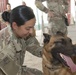 Staff Sgt. Dolores Bocanegra, with Task Force Spartan, pets working dog after K-9 capabilities demonstration