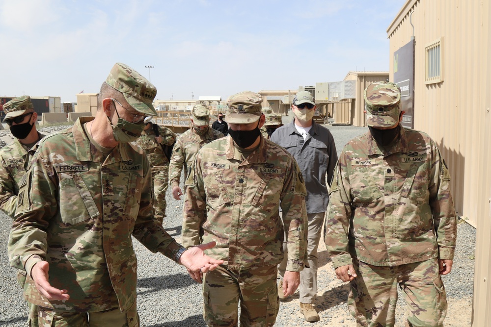 U.S. Army Central Command Team, Lieutenant General Terry Ferrell and Command Sergeant Major Brian Hester visited the Theater Engineer Brigade.