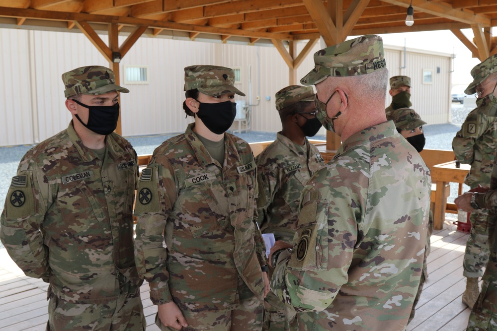 U.S. Army Central Command Team, Lieutenant General Terry Ferrell and Command Sergeant Major Brian Hester visited the Theater Engineer Brigade.