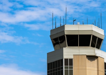Dover AFB air control tower keeps watch over flight line