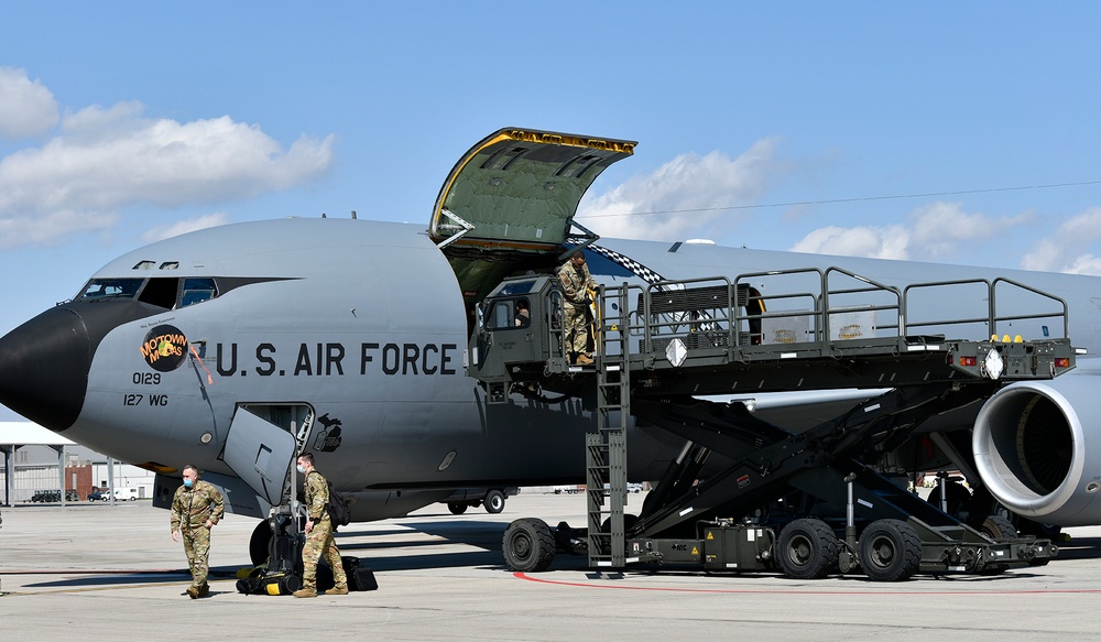 Selfridge Airmen load and preflight a KC-135 Stratotanker