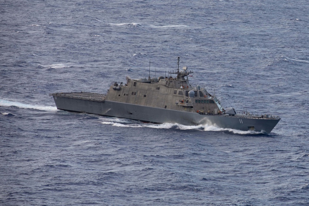 The Freedom-variant littoral combat ship USS Sioux City (LCS 11) participates in an aerial use of force exercise (AUF)