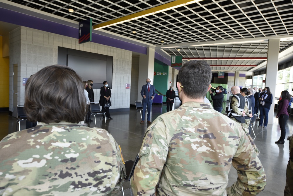 Gov. Jay Inslee visits National Guardsmen at Spokane Mass Vaccination site