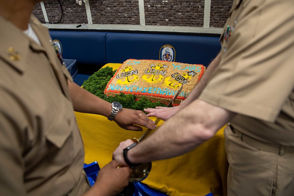 Chiefs aboard the USS Barry celebrate the Navy's chief petty officer's 128th birthday