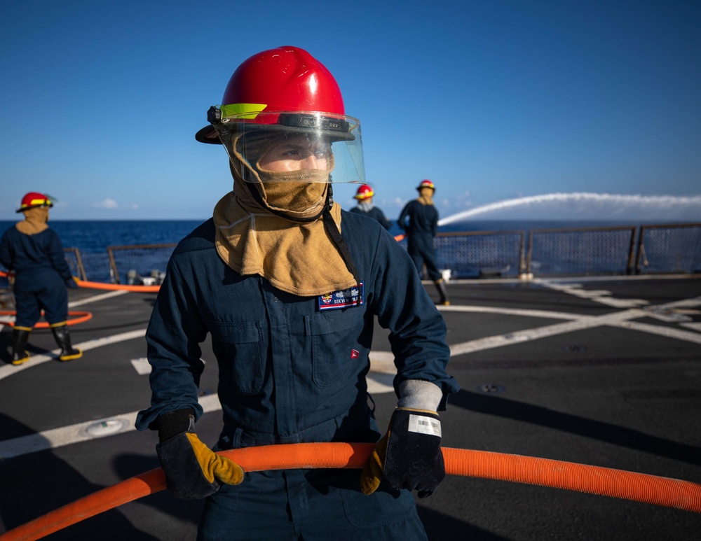 Sailors aboard the USS Barry conduct advanced damge control training