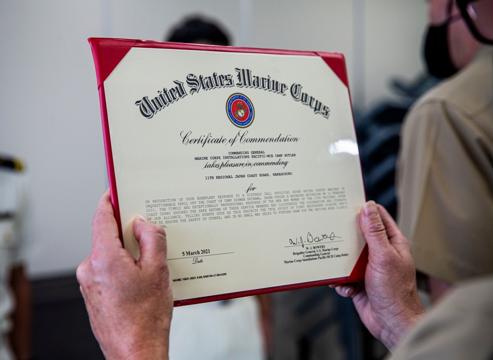 MCIPAC leaders award Nakagusuku Coast Guard members for saving the lives of seven Marines