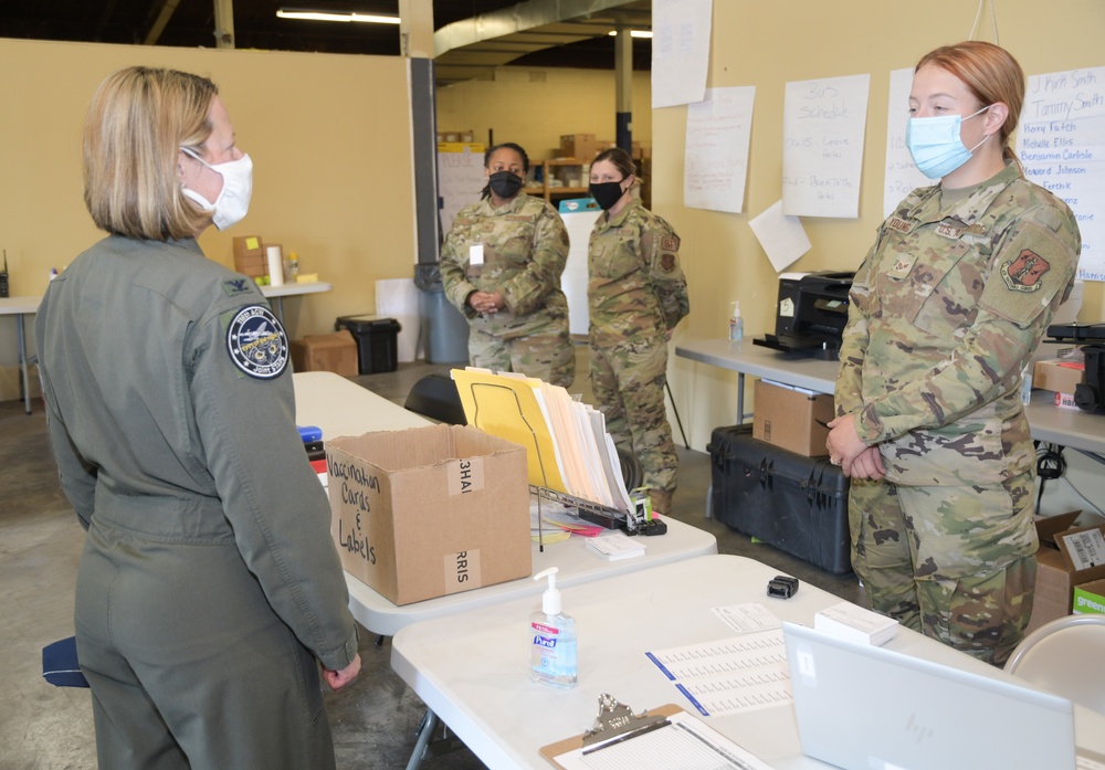 Photo of 116th Air Control Wing leadership visiting with Georgia National Guard Airmen, Soldiers and partner-agency personnel providing support at COVID-19 Vaccination Site