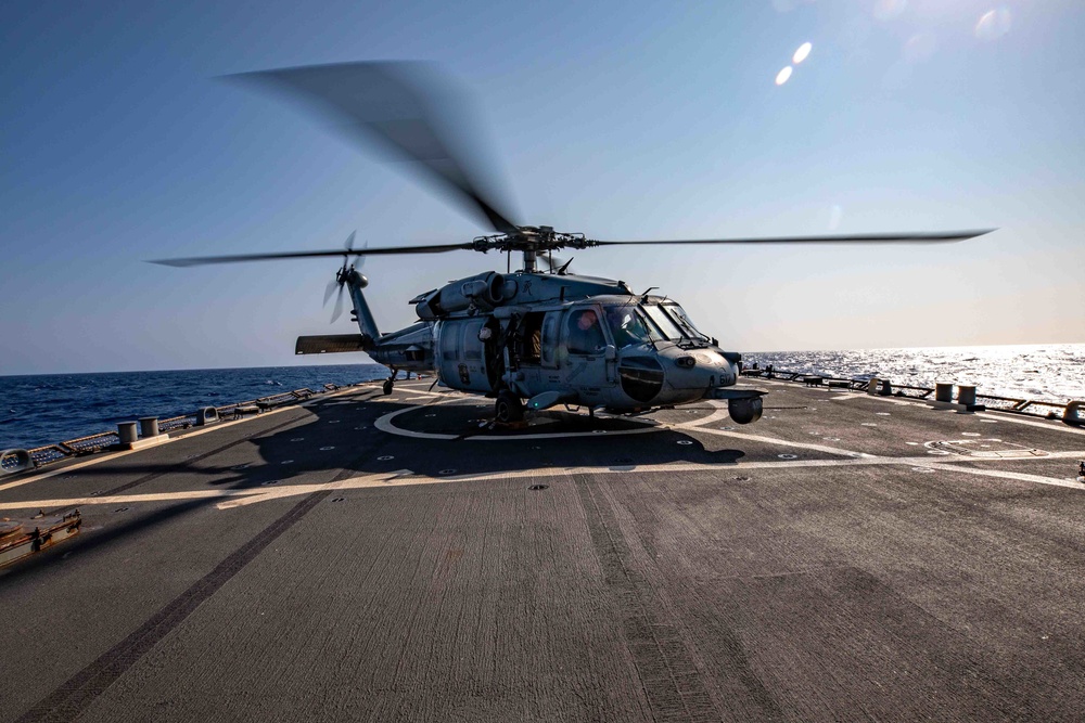 USS Barry conducts flight operations with Helicopter Combat Squadron 8