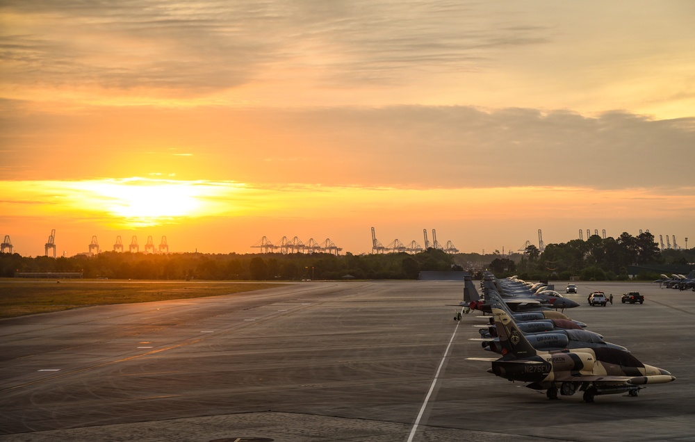 Sun rising over parked fighter jets during Sentry Savannah 2021