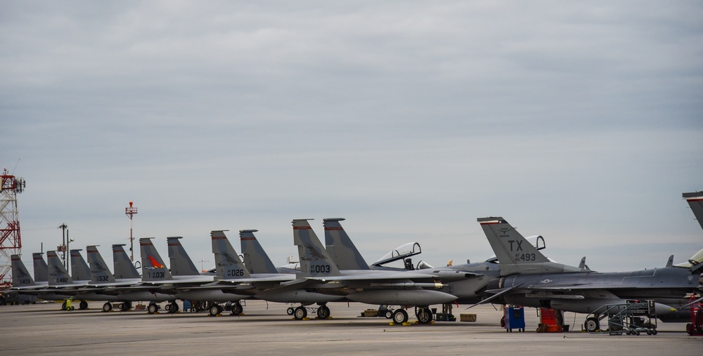 U.S. Air Force fighter jets parked neatly on the flight line during Sentry Savannah 2021