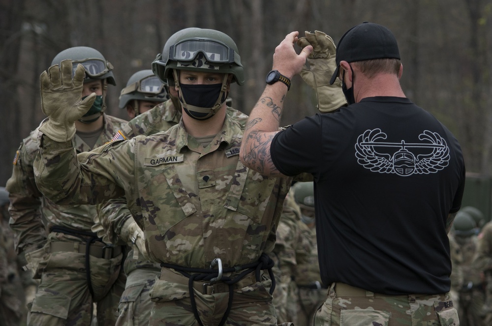 Air Assault class rappels from helicopters at Fort Indiantown Gap