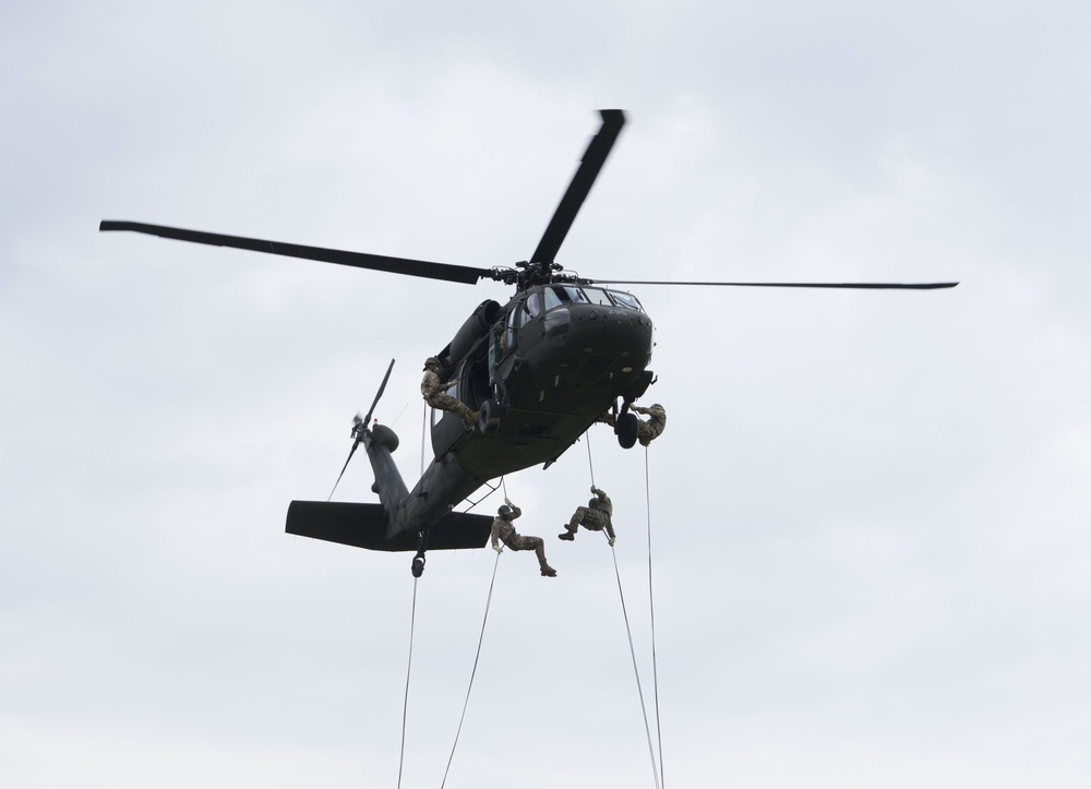 Air Assault class rappels from helicopters at Fort Indiantown Gap