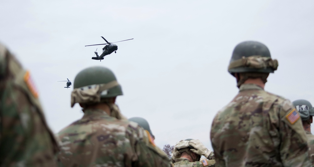 Air Assault class rappels from helicopters at Fort Indiantown Gap