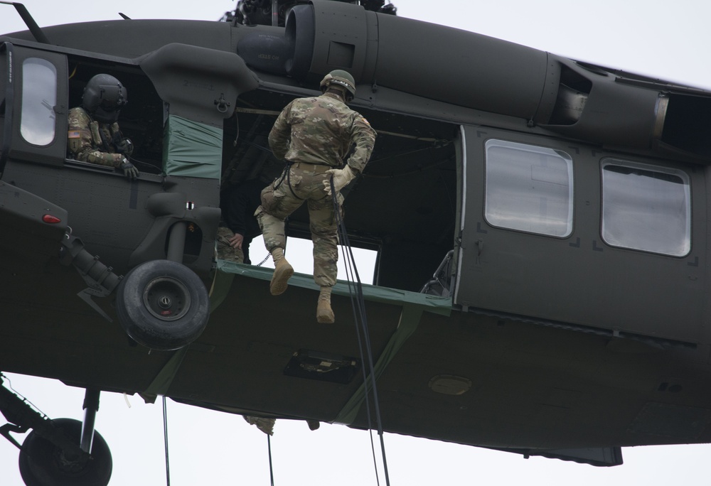 Air Assault class rappels from helicopters at Fort Indiantown Gap