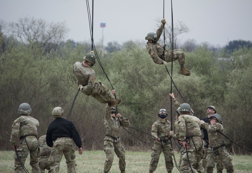 Air Assault class rappels from helicopters at Fort Indiantown Gap