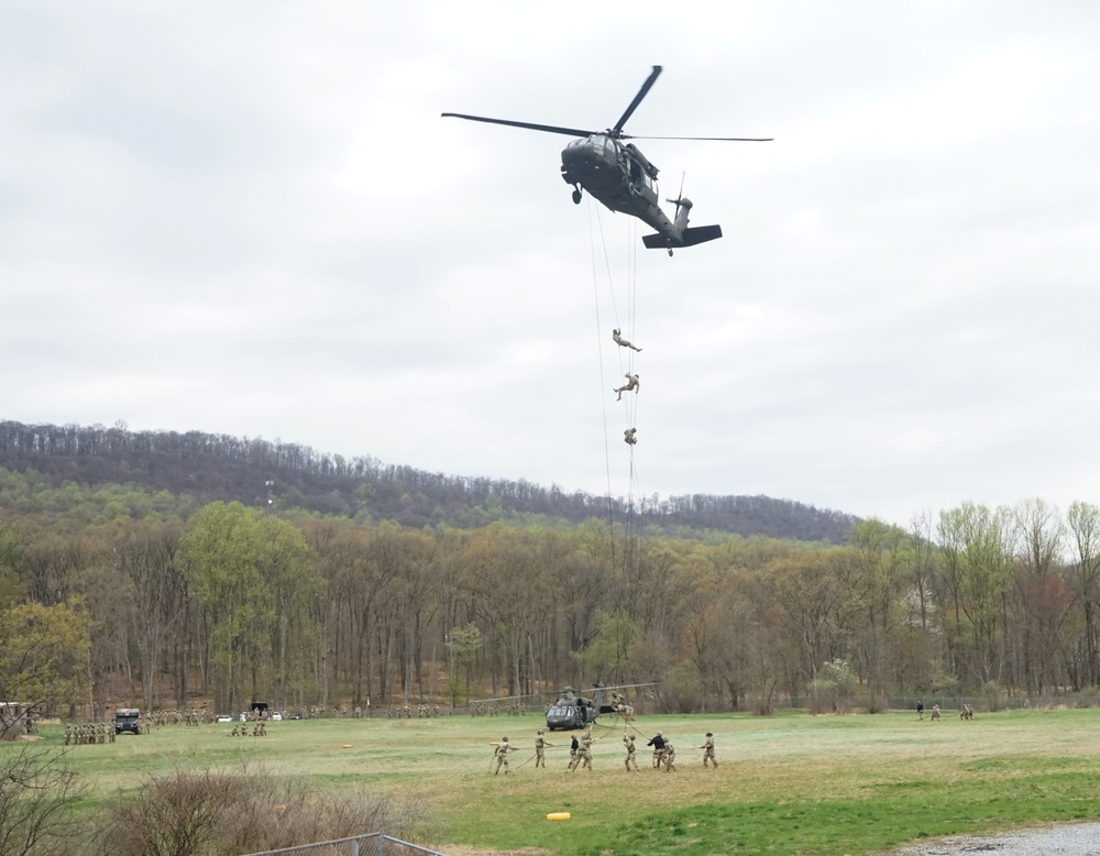 Air Assault class rappels from helicopters at Fort Indiantown Gap